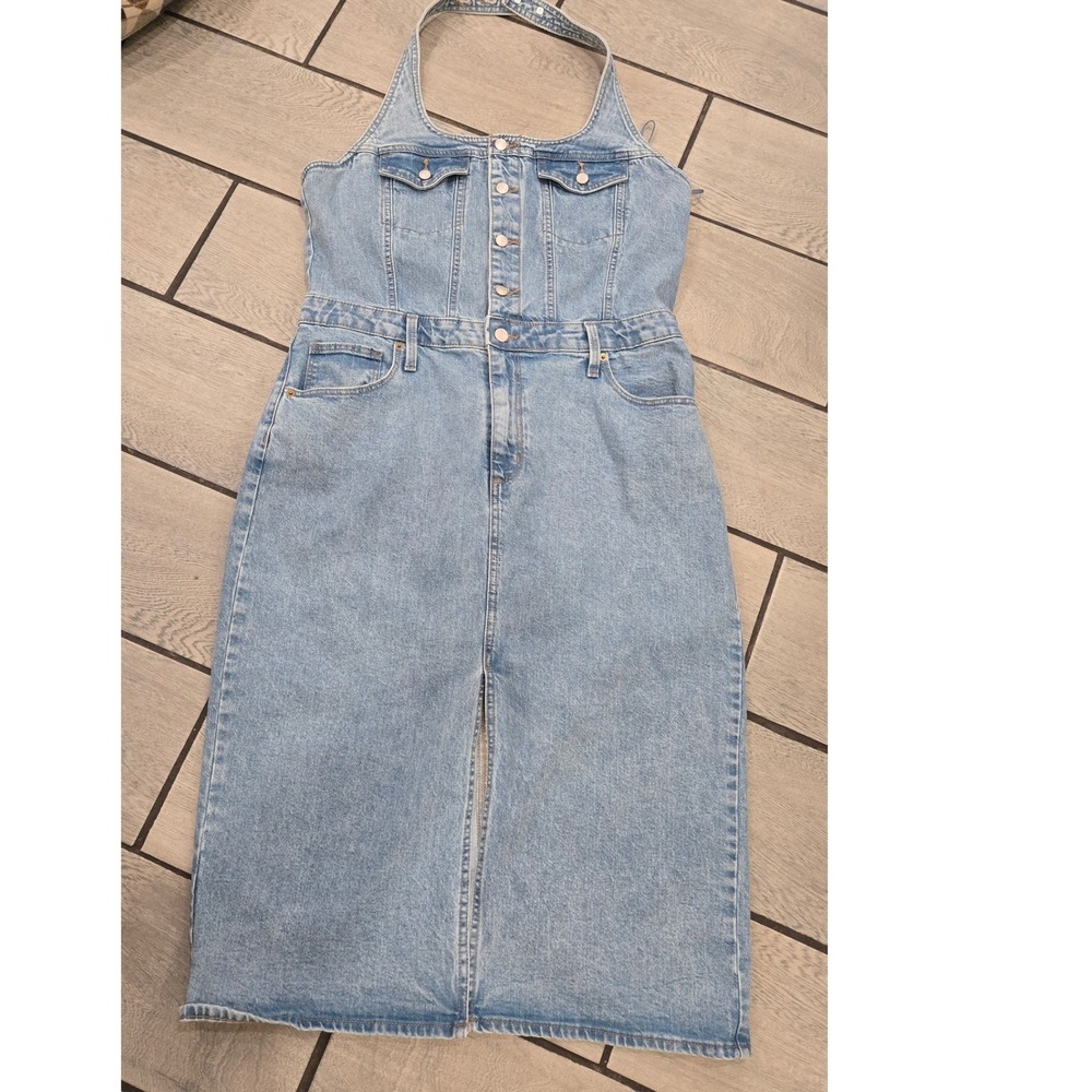 Universal Thread Denim Halter Midi Dress Light Wash Button Front Size 14